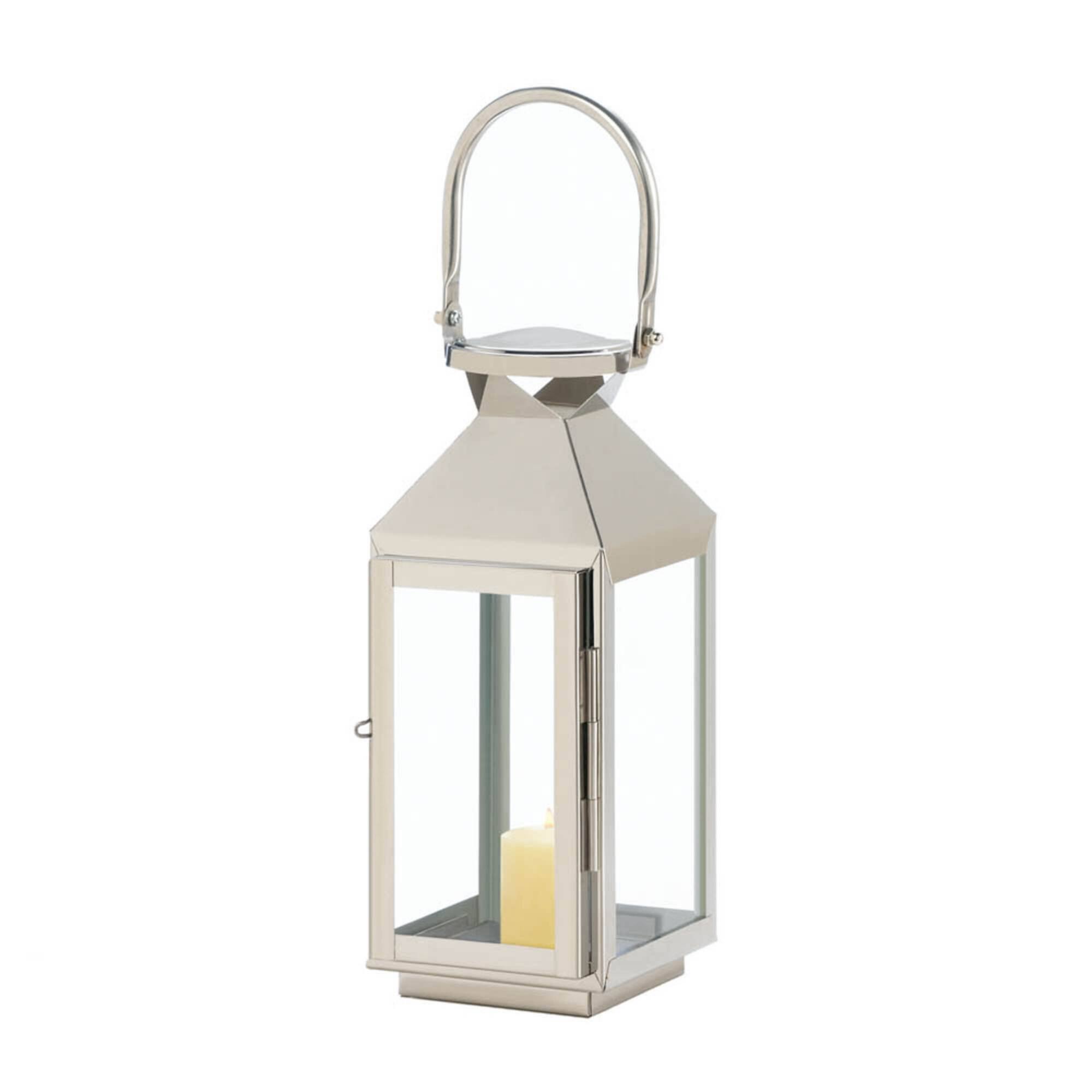 10" Sleek Stainless Steel Manhattan Candle Lantern with Handle